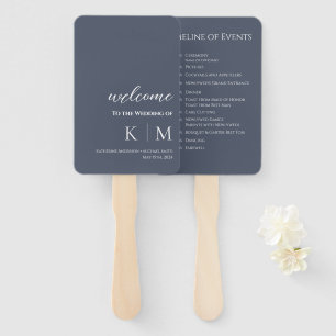 Blauw en Wit-Modern-Monogram-Huwelijksprogramma- Handwaaier