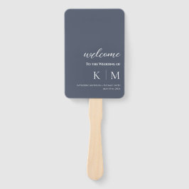 Blauw en Wit-Modern-Monogram-Huwelijksprogramma- Handwaaier