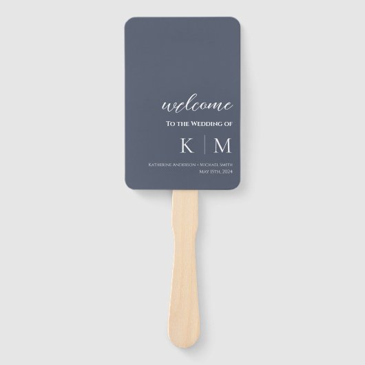 Blauw en Wit-Modern-Monogram-Huwelijksprogramma- Handwaaier (Voorkant)