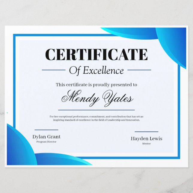 Blauw en Wit Modern Uitmuntendheids Certificaat (Voorkant)