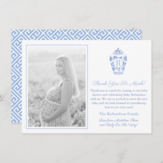 Blauw en wit monogram babyshower foto bedankkaart (Voorkant / Achterkant)