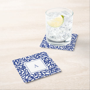 Blauw en wit monogram bladpatroon kartonnen onderzetters