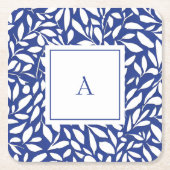 Blauw en wit monogram bladpatroon kartonnen onderzetters (Voorkant)