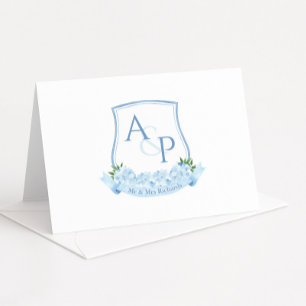 Blauw En Wit Monogram Botaniek Wapen Huwelijk Bedankkaart