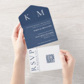 Blauw en Wit-Monogram-Bruiloft- All In One Uitnodiging (Afscheurbaar)