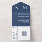 Blauw en Wit-Monogram-Bruiloft- All In One Uitnodiging (Binnen)