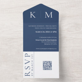 Blauw en Wit-Monogram-Bruiloft- All In One Uitnodiging