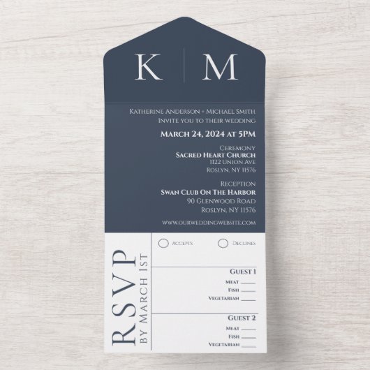 Blauw en Wit-Monogram-Bruiloft- All In One Uitnodiging (Binnen)