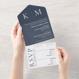 Blauw en Wit-Monogram-Bruiloft- All In One Uitnodiging