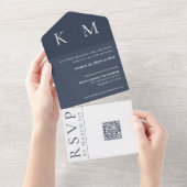 Blauw en Wit-Monogram-Bruiloft- All In One Uitnodiging (Afscheurbaar)