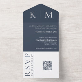 Blauw en Wit-Monogram-Bruiloft- All In One Uitnodiging