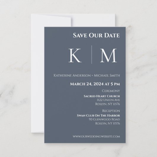 Blauw en Wit-Monogram-Bruiloft- Save The Date (Voorkant)