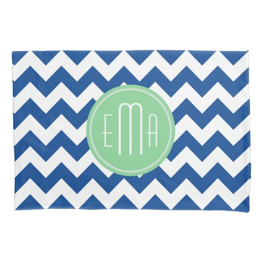 Blauw en wit monogram Chevron Geometric Pattern Kussensloop (Voorkant)