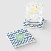 Blauw en wit monogram Chevron Geometric Pattern Stenen Onderzetter (Zijkant)