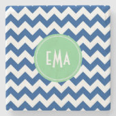 Blauw en wit monogram Chevron Geometric Pattern Stenen Onderzetter (Voorkant)