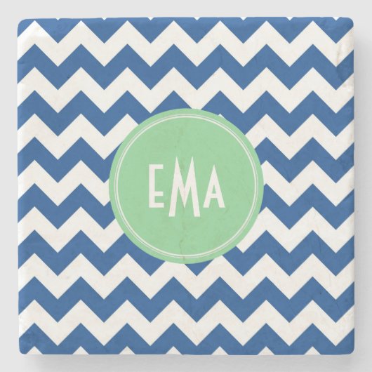 Blauw en wit monogram Chevron Geometric Pattern Stenen Onderzetter (Voorkant)