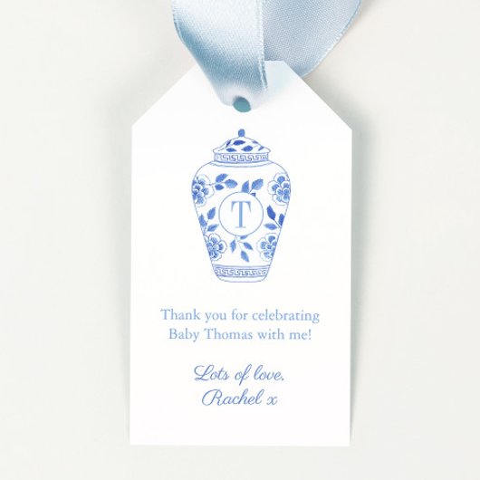 Blauw en wit Monogram Ginger Jar Baby shower Cadeaulabel