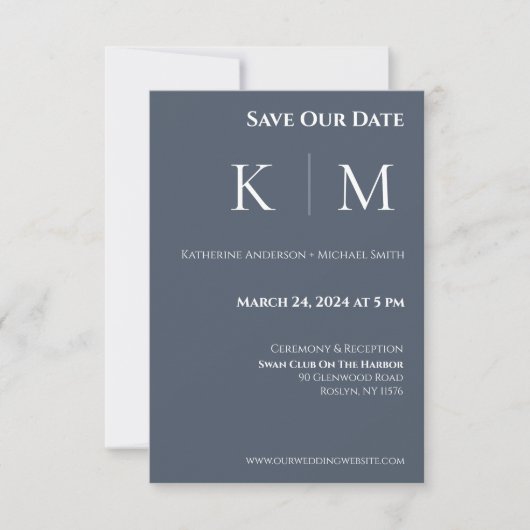 Blauw en Wit-Monogram-Huwelijk- Save The Date (Voorkant)