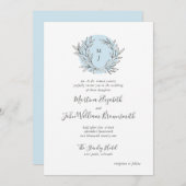 Blauw en Wit Monogram Krans Bruiloft Uitnodiging (Voorkant / Achterkant)