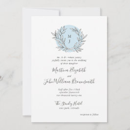 Blauw en Wit Monogram Krans Bruiloft Uitnodiging
