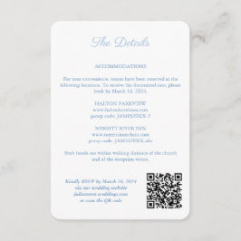 Blauw en Wit Monogram QR Code Bruiloft Details Informatiekaartje