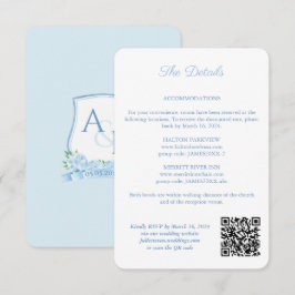 Blauw en Wit Monogram QR Code Bruiloft Details Informatiekaartje