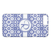 Blauw en wit Monogram R Floral Patroon Case-Mate iPhone Case (Achterkant (Horizontaal))
