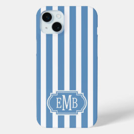Blauw en Wit Monogram Strepen iPhone 15 Mini Hoesje