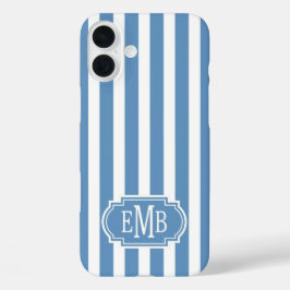 Blauw en Wit Monogram Strepen iPhone 16 Plus Hoesje