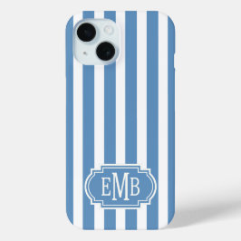 Blauw en wit monogram strepen iPhone 15 case