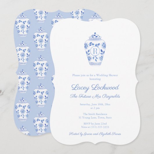 Blauw En Wit Monogram Toekomstige Mevrouw Bruiloft Kaart (Voorkant / Achterkant)