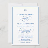 Blauw en wit monogram trouwkaart kaart (Voorkant)