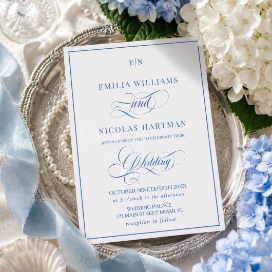 Blauw en wit monogram trouwkaart kaart