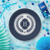 Blauw en wit Monogramed Wreath Crest Papieren Bordje (Feest)