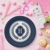 Blauw en wit Monogramed Wreath Crest Papieren Bordje (Feest)