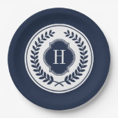 Blauw en wit Monogramed Wreath Crest Papieren Bordje (Voorkant)