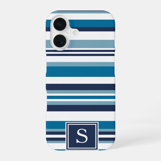 Blauw en wit multi streep monogram iPhone 16 hoesje (Achterkant)