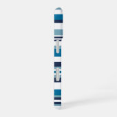 Blauw en wit multi streep monogram iPhone 16 hoesje (Rechterkant)