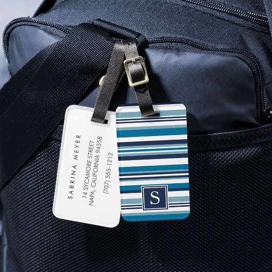 Blauw en wit multi-Stripe monogram Bagagelabel