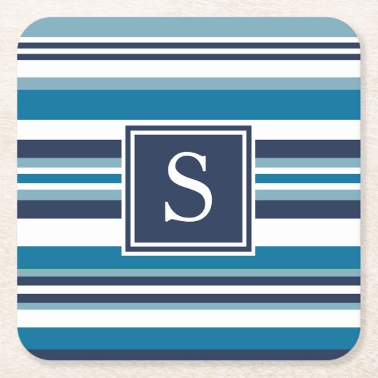 Blauw en wit multi-Stripe monogram Kartonnen Onderzetters (Voorkant)