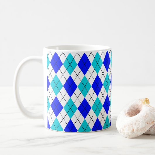 Blauw en wit, naadloos argyle-patroon koffiemok (Met donut)