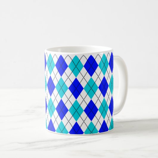 Blauw en wit, naadloos argyle-patroon koffiemok (Voorkant rechts)