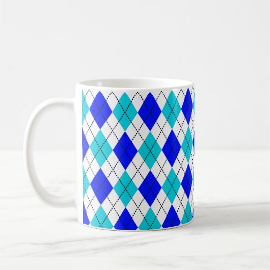 Blauw en wit, naadloos argyle-patroon koffiemok (Links)
