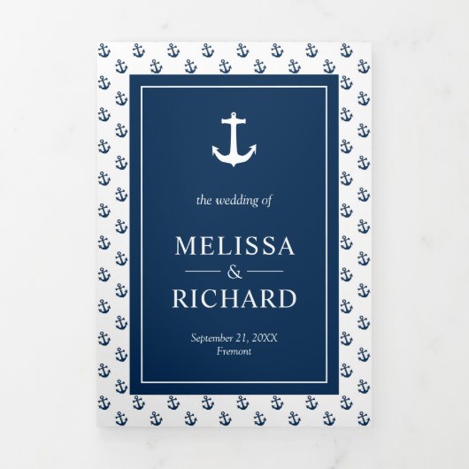 Blauw en Wit Nautisch Anker Seahorse Bruiloft Drieluik Uitnodiging (Cover)