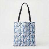 Blauw en wit nautisch anker tote bag (Voorkant)