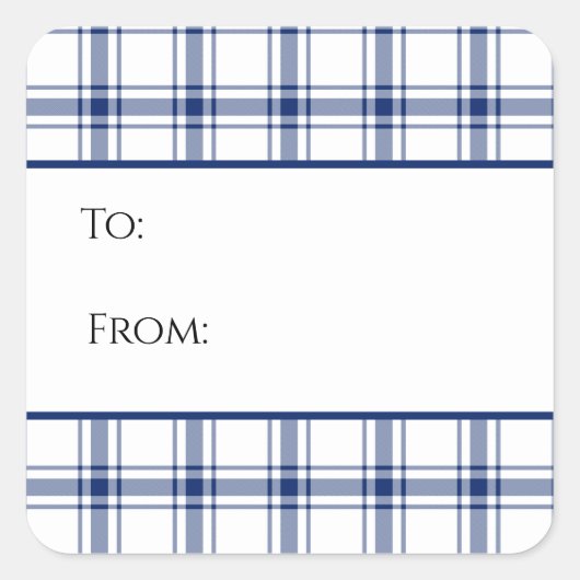Blauw en Wit Nautisch Plaid Gift Label Sticker (Voorkant)