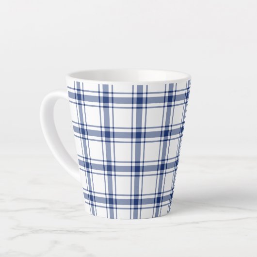 Blauw en Wit Nautisch Plaid Latte Mok (Linkerhoek)
