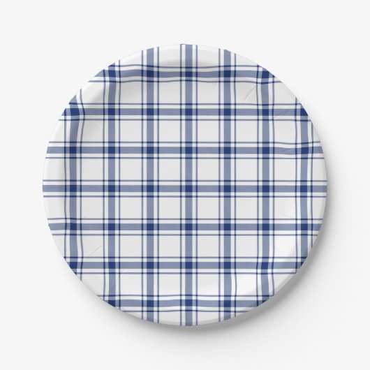Blauw en Wit Nautisch Plaid Papieren Bordje (Voorkant)