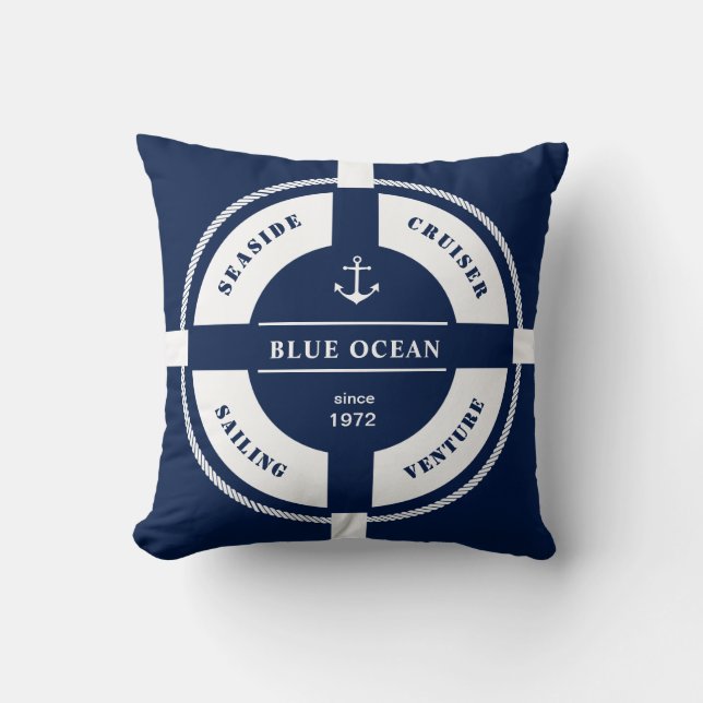 Blauw en Wit Nautische Lifebuoy Elegantie Kussen (Voorkant)