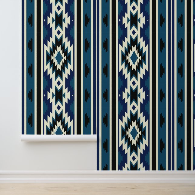 Blauw en wit Navajo Design Patroon Behang (Applicatie)